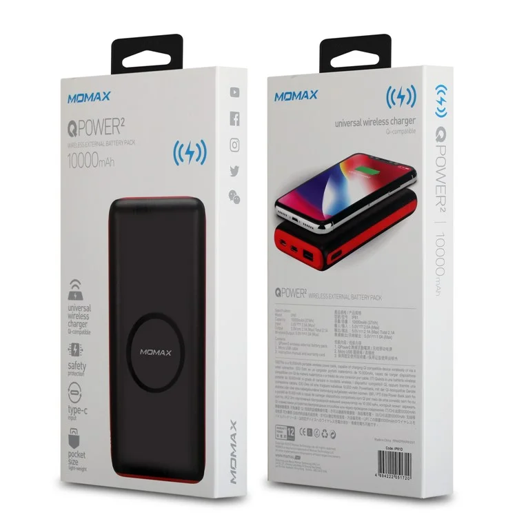 MOMAX QPower 2 Qi Wireless Charging Pad + Power Bank 10000mAh for iPhone X/8/8 Plus etc. - Black