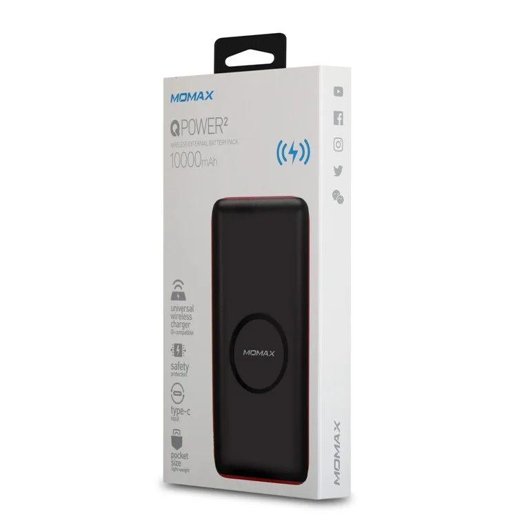 MOMAX QPower 2 Qi Wireless Charging Pad + Power Bank 10000mAh for iPhone X/8/8 Plus etc. - Black