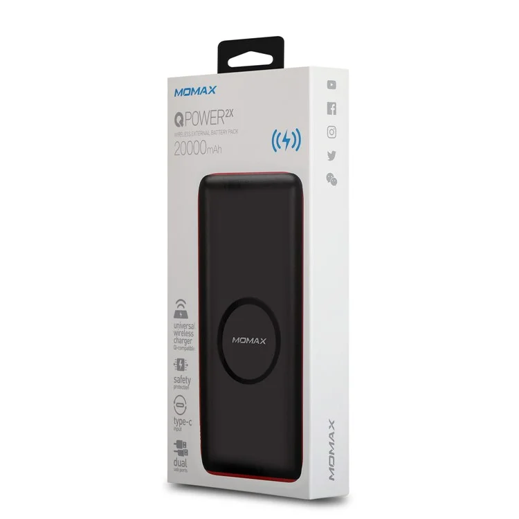 MOMAX Q.Power 2X Qi Wireless Charger Portable 20000mAh Dual USB Power Bank - Black