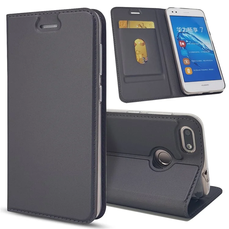 Magnetic Attraction PU Leather Card Holder Stand Case for Huawei Y6 Pro (2017) / Enjoy 7 / P9 lite mini - Black