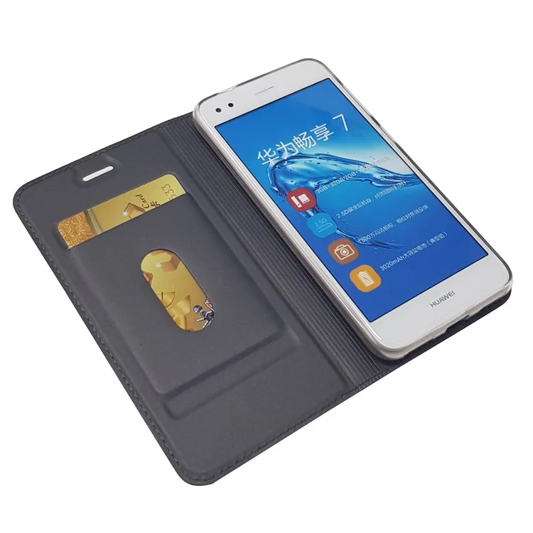 Magnetic Attraction PU Leather Card Holder Stand Case for Huawei Y6 Pro (2017) / Enjoy 7 / P9 lite mini - Black
