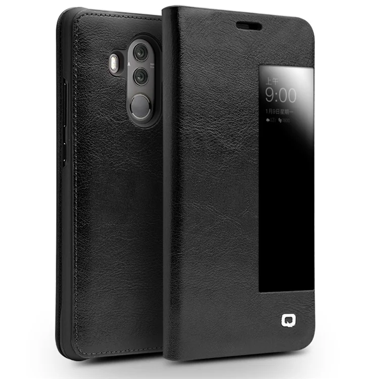 QIALINO Classic Style View Window Cowhide Texture Leather Smart Phone Case for Huawei Mate 10 Pro - Black