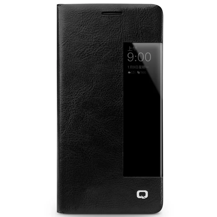 QIALINO Classic Style View Window Cowhide Texture Leather Smart Phone Case for Huawei Mate 10 Pro - Black