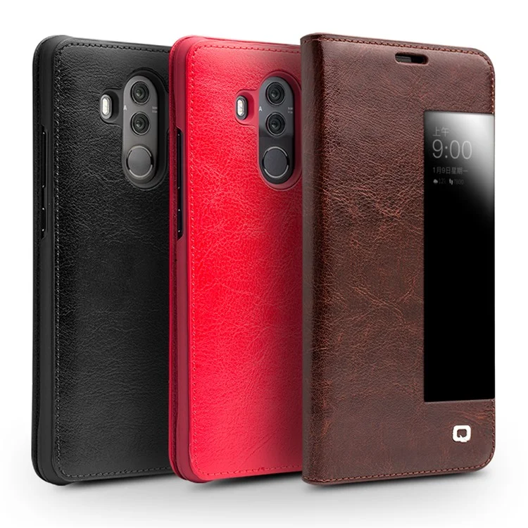 QIALINO Classic Style View Window Cowhide Texture Leather Smart Phone Case for Huawei Mate 10 Pro - Black