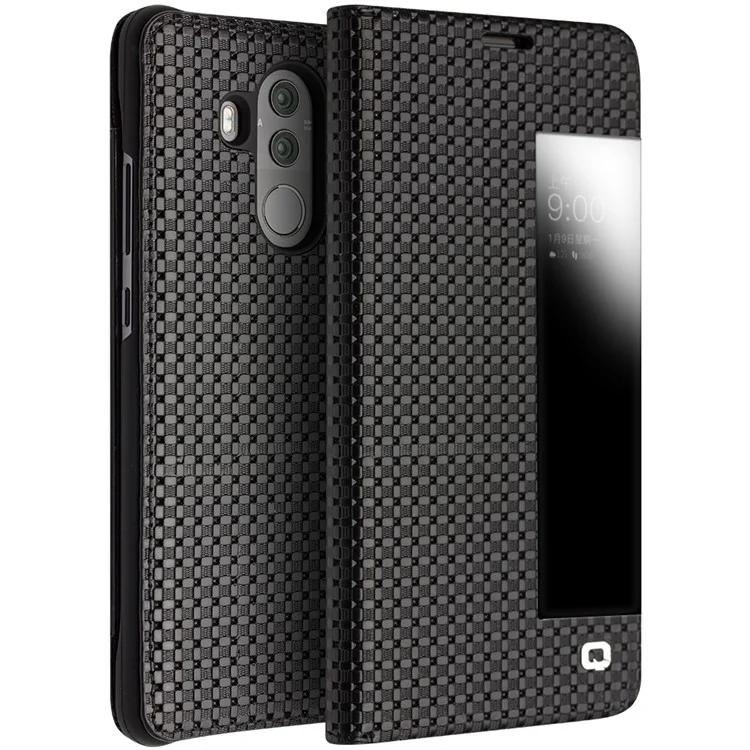 QIALINO for Huawei Mate 10 Pro Grid Texture View Window Genuine Leather Stand Smart Case - Black