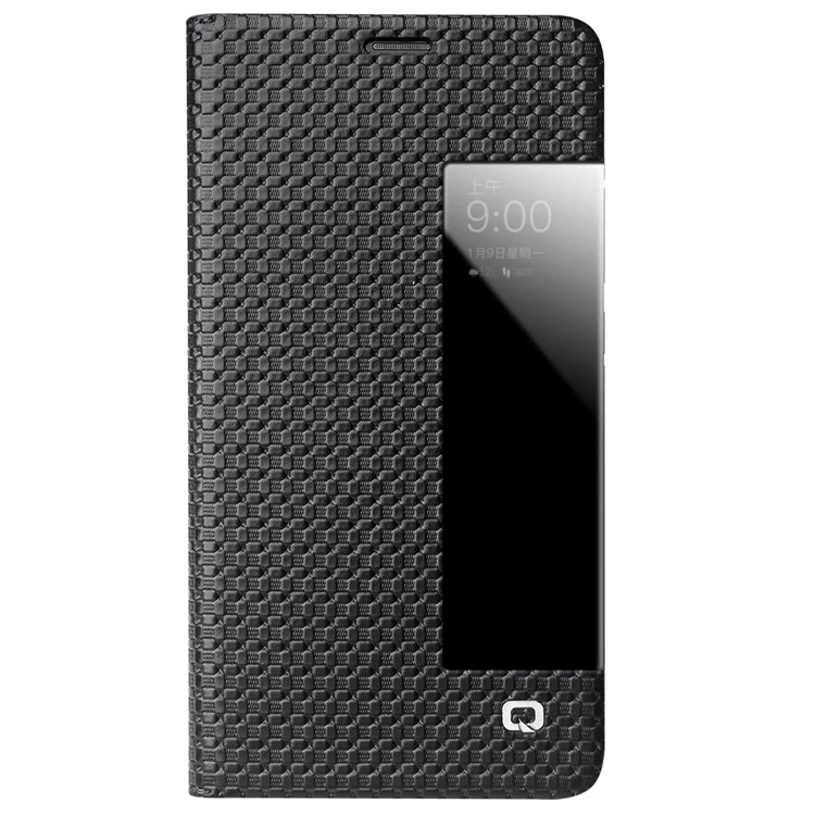 QIALINO for Huawei Mate 10 Pro Grid Texture View Window Genuine Leather Stand Smart Case - Black