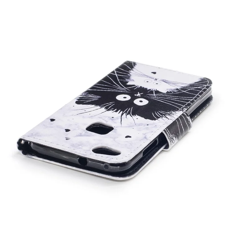 Pattern Printing Wallet Leather Stand Case for Huawei P10 Lite - Black and White Cat