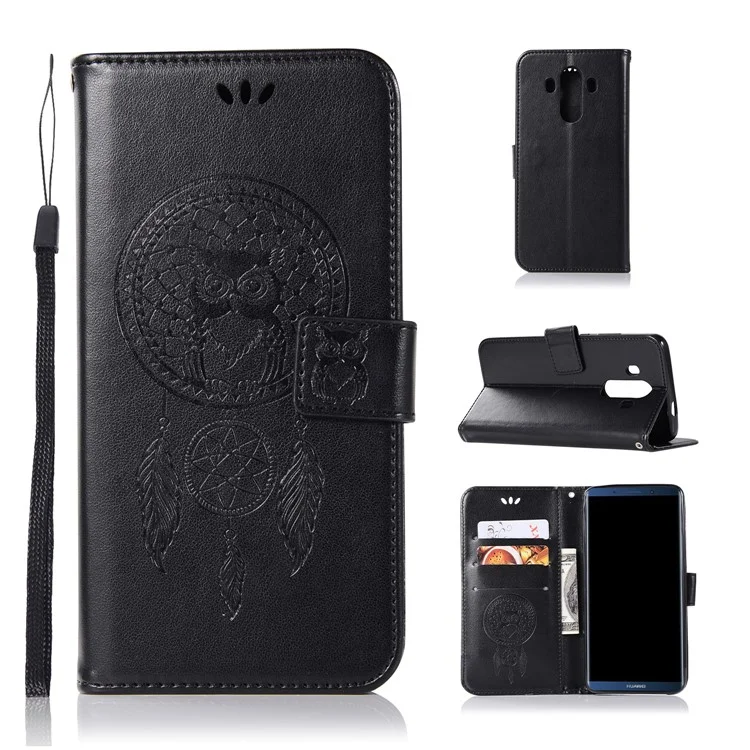 Imprint Dream Catcher Owl Magnetic Wallet PU Leather Stand Mobile Phone Case for Huawei Mate 10 Pro - Black