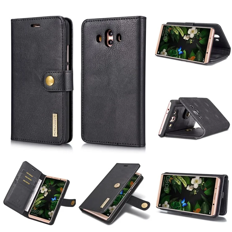 DG.MING Detachable 2-in-1 Split Leather Wallet Shell + PC Back Case for Huawei Mate 10 - Black