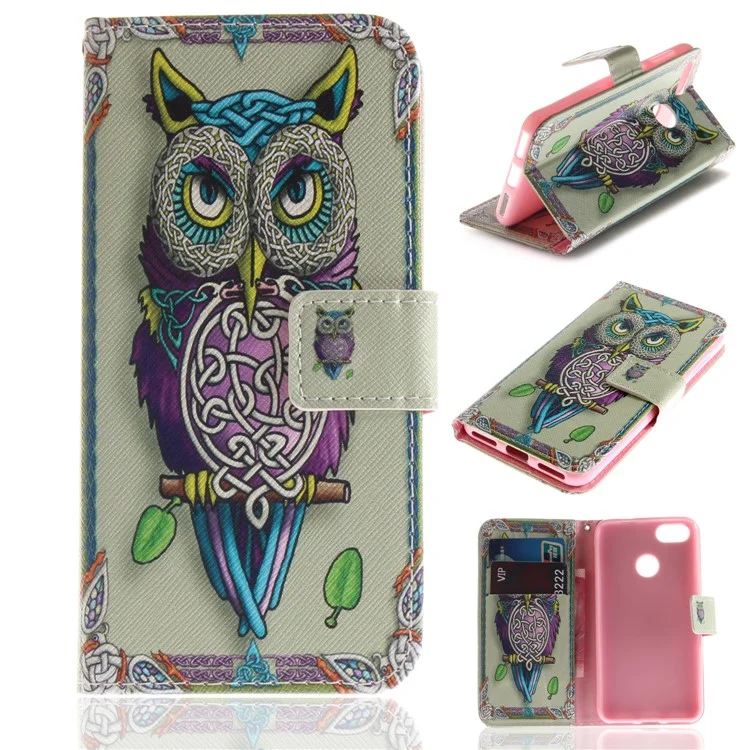 Patterned PU Leather Wallet Phone Case for Huawei P9 lite mini / Y6 Pro (2017) / Enjoy 7 - Colorized Owl