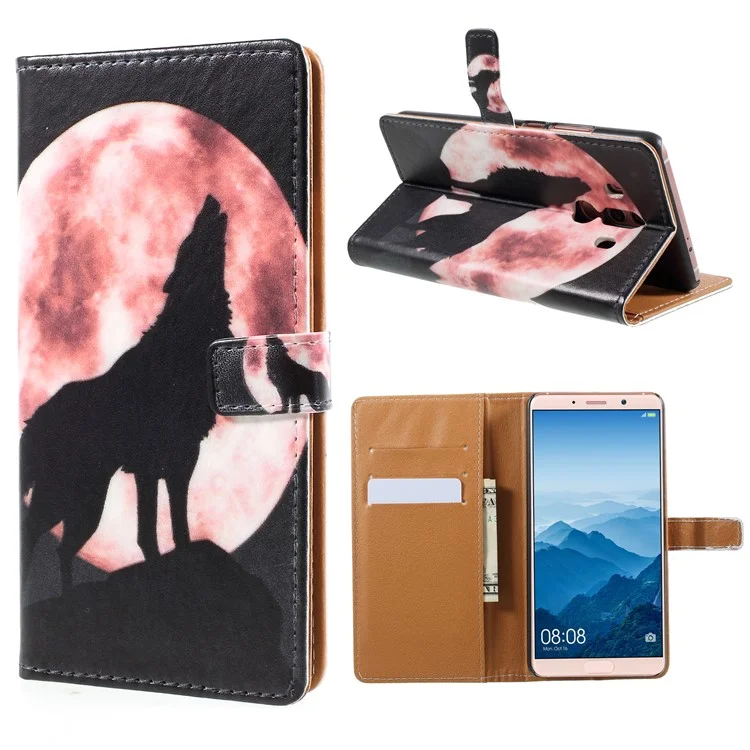 Pattern Printing Magnetic Leather Stand Casing for Huawei Mate 10 Pro - Wolf Howling At Full Moon Night