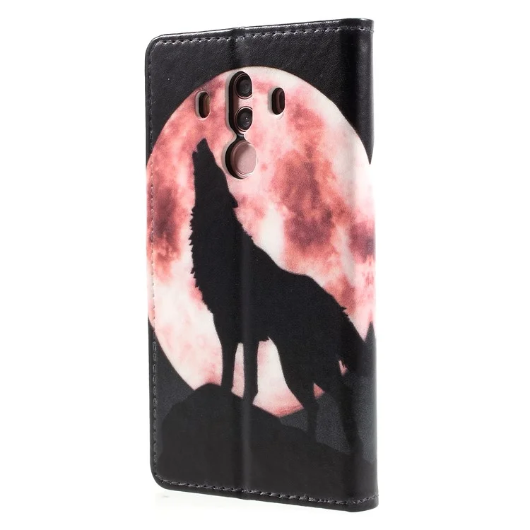 Pattern Printing Magnetic Leather Stand Casing for Huawei Mate 10 Pro - Wolf Howling At Full Moon Night