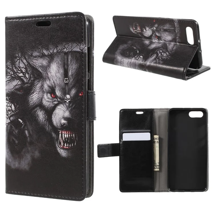 Patterned PU Leather Wallet Stand Protective Cell Phone Cover for Huawei Honor V10 / View 10 - Grey Wolf