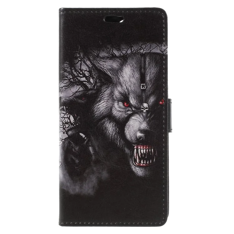 Patterned PU Leather Wallet Stand Protective Cell Phone Cover for Huawei Honor V10 / View 10 - Grey Wolf