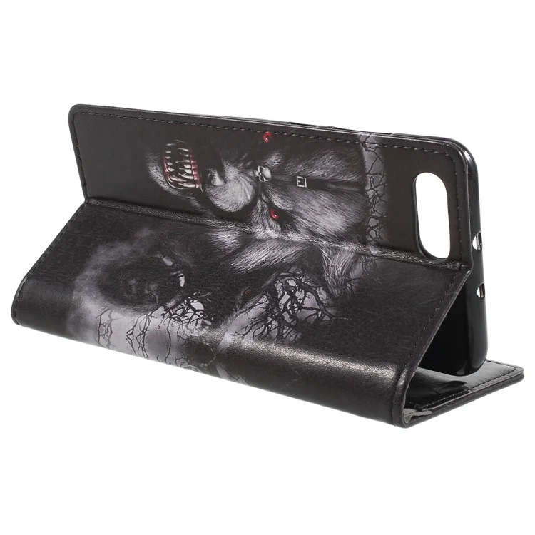 Patterned PU Leather Wallet Stand Protective Cell Phone Cover for Huawei Honor V10 / View 10 - Grey Wolf