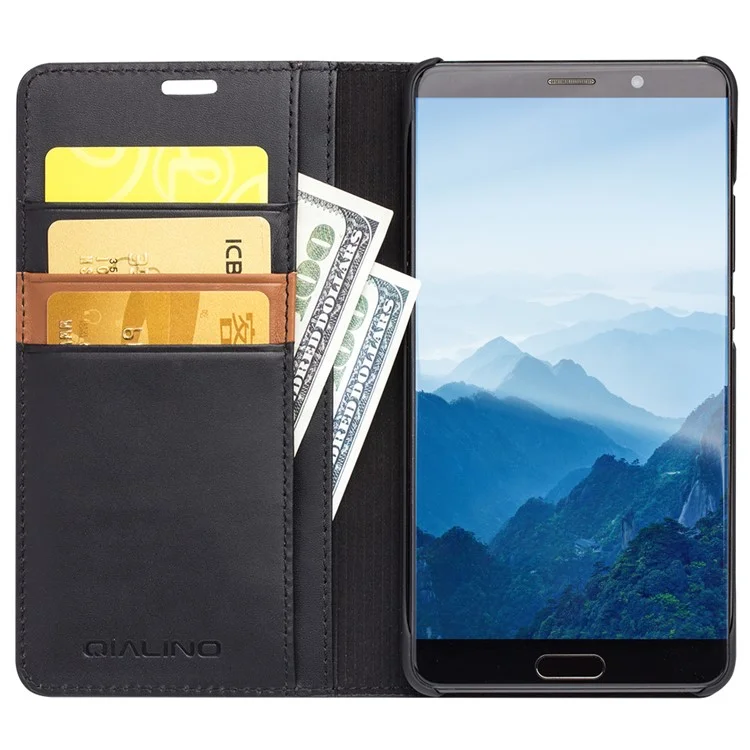 QIALINO Classic Gen II Top Layer Cowhide Leather Wallet Mobile Case for Huawei Mate 10 - Black