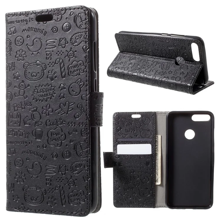 Cartoon Graffiti Grain PU Leather Wallet Cover for Huawei Honor 9 Lite / Youth Edition - Black