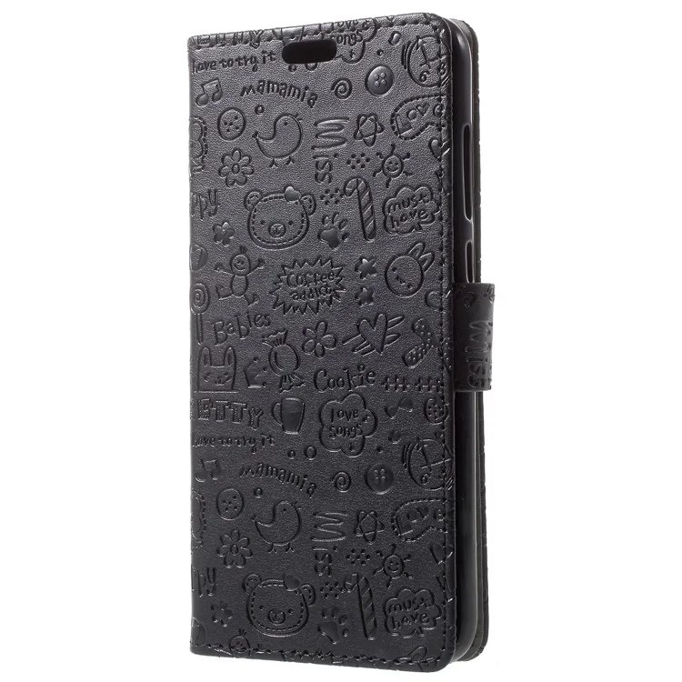 Cartoon Graffiti Grain PU Leather Wallet Cover for Huawei Honor 9 Lite / Youth Edition - Black