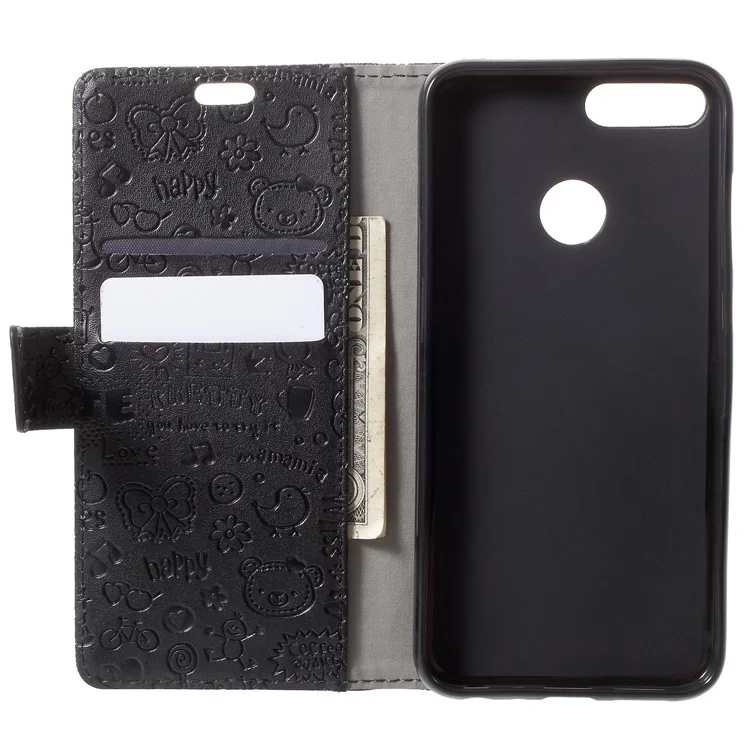 Cartoon Graffiti Grain PU Leather Wallet Cover for Huawei Honor 9 Lite / Youth Edition - Black