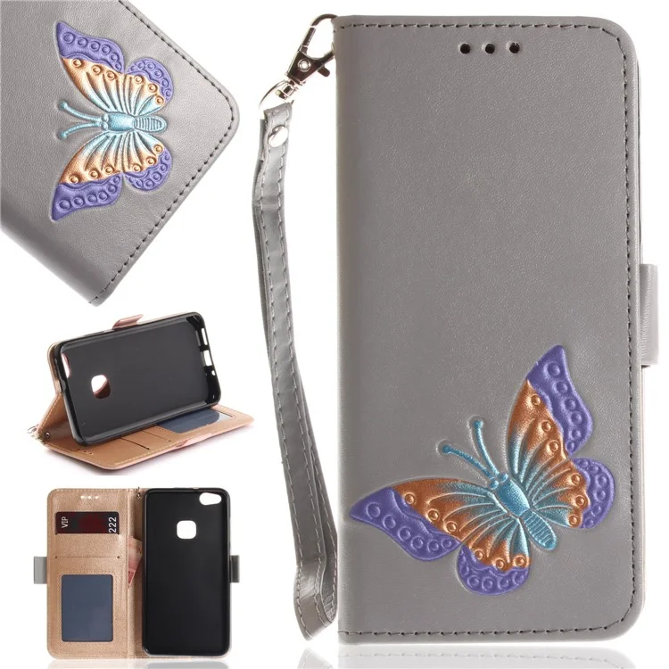 Butterfly Pattern Leather Wallet Stand Casing for Huawei P10 Lite - Grey