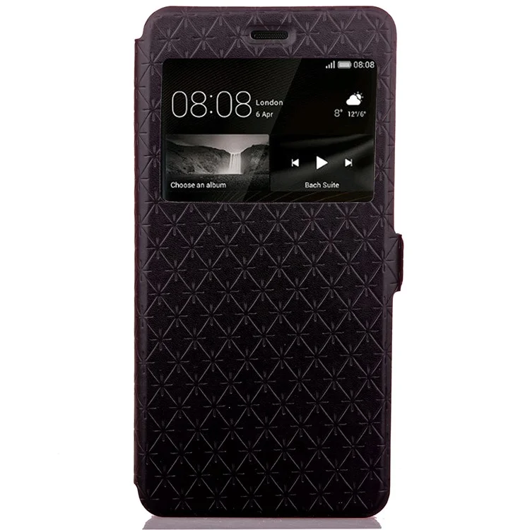 Imprint Rhombus Texture View Window Leather Card Slot Case for Huawei P9 Lite/G9 Lite - Black