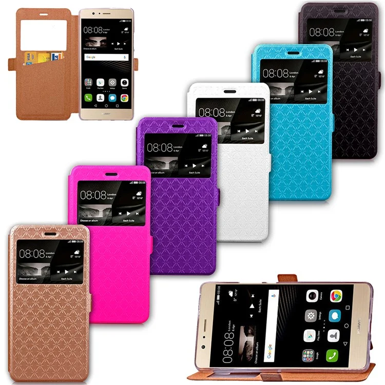 Imprint Rhombus Texture View Window Leather Card Slot Case for Huawei P9 Lite/G9 Lite - Black