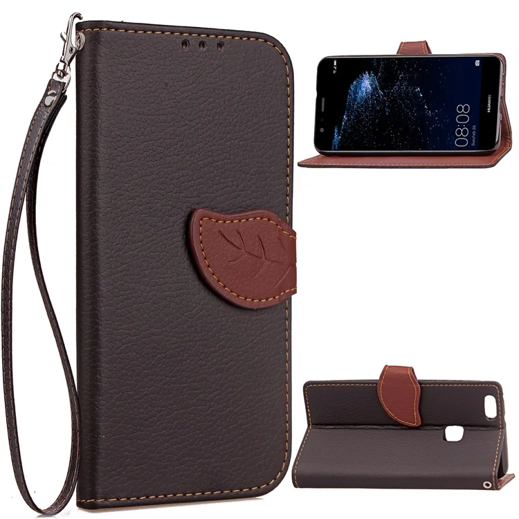Leaf Shape Magnetic Flap Leather Wallet Case for Huawei P10 Lite - Black