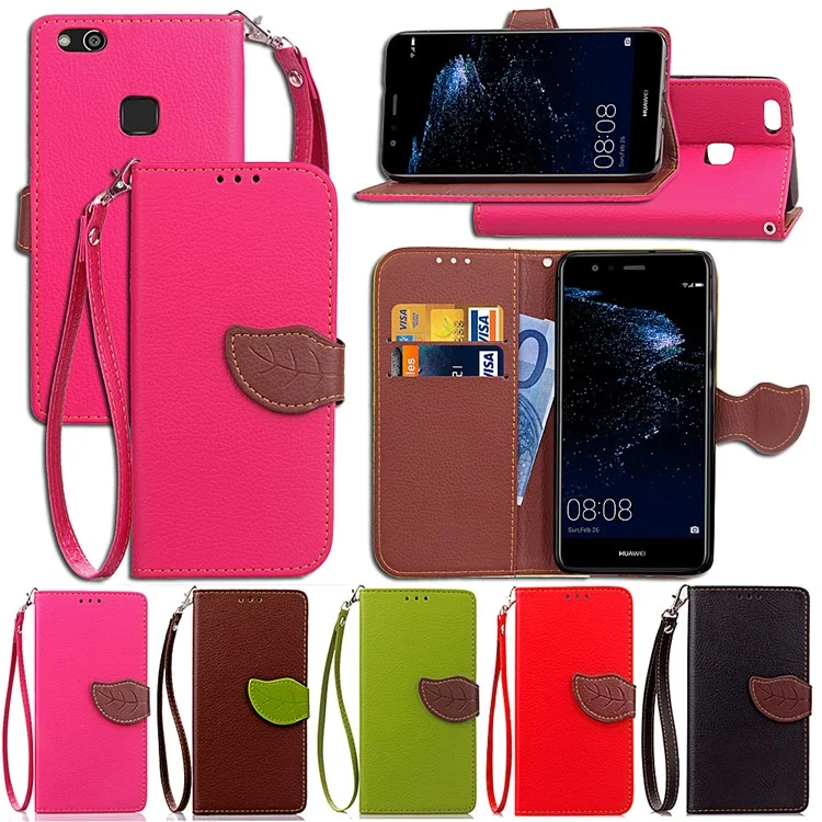 Leaf Shape Magnetic Flap Leather Wallet Case for Huawei P10 Lite - Black