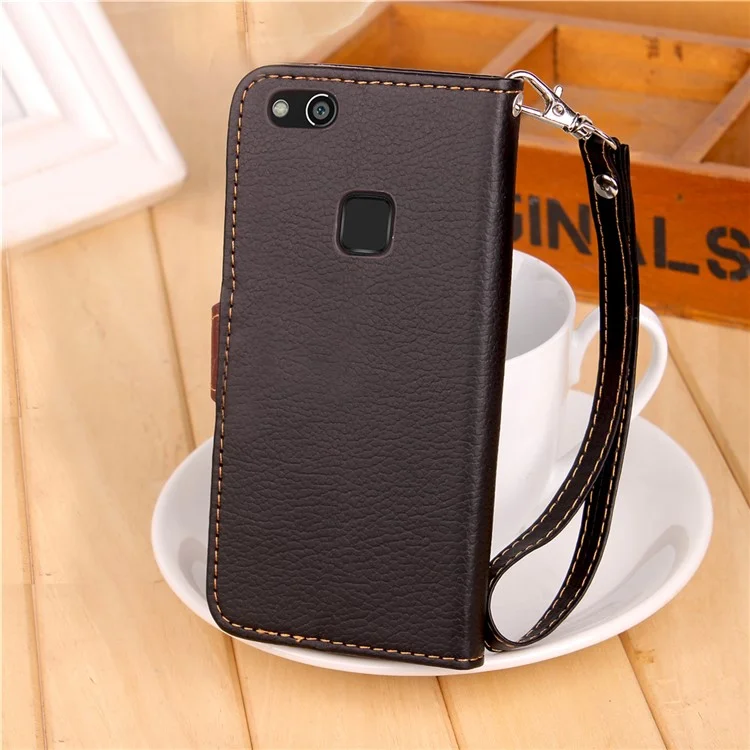 Leaf Shape Magnetic Flap Leather Wallet Case for Huawei P10 Lite - Black