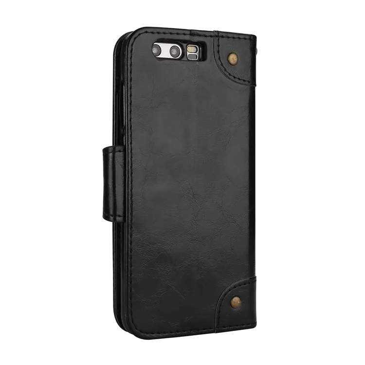 Oil Wax PU Leather Wallet Flip Stand Mobile Phone Cover for Huawei Honor 9 - Black