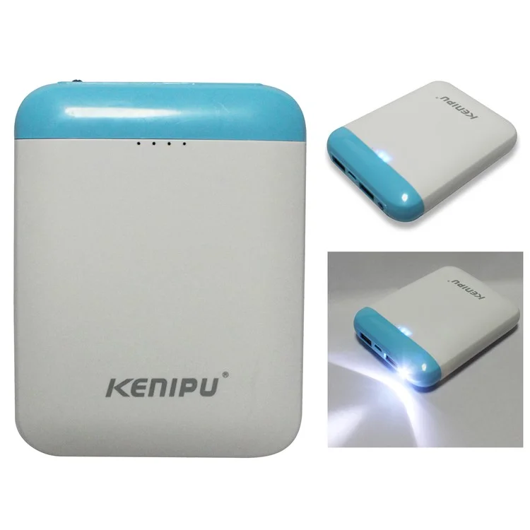 KENIPU Portable Dual USB 6000mAh Power Bank with LED Light for iPhone Samsung Huawei - White + Blue