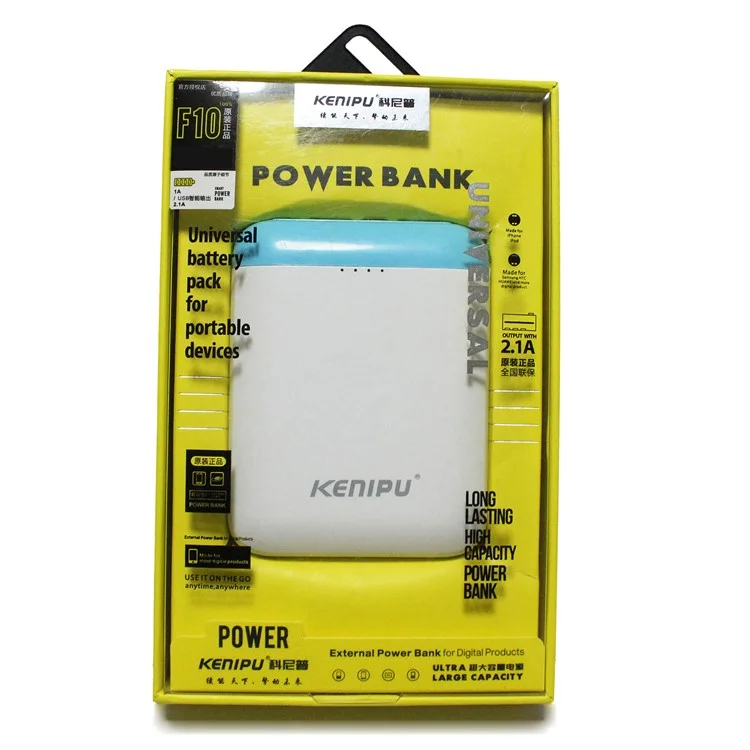KENIPU Portable Dual USB 6000mAh Power Bank with LED Light for iPhone Samsung Huawei - White + Blue