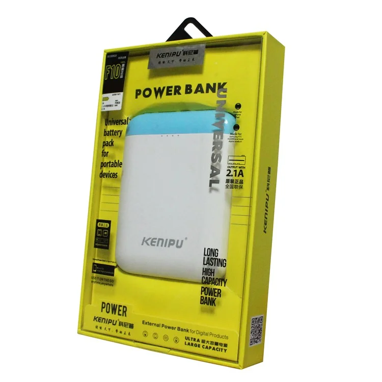 KENIPU Portable Dual USB 6000mAh Power Bank with LED Light for iPhone Samsung Huawei - White + Blue