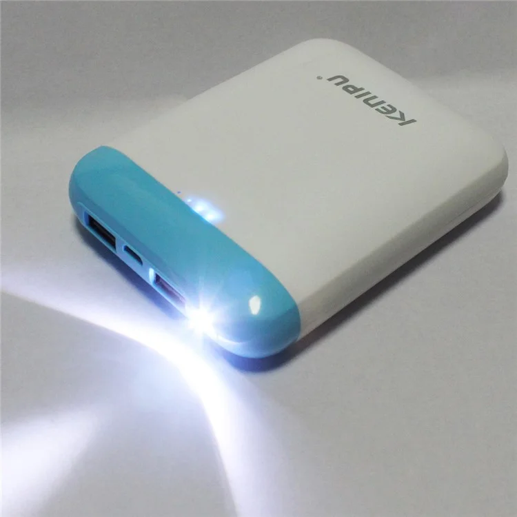 KENIPU Portable Dual USB 6000mAh Power Bank with LED Light for iPhone Samsung Huawei - White + Blue
