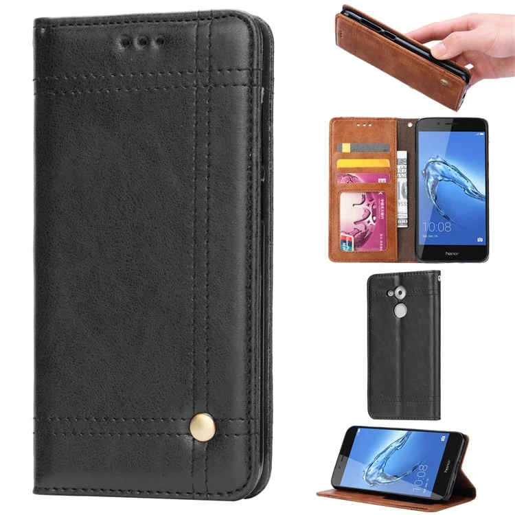 Vintage Leather Stitching Stand Wallet Phone Case with Magnetic Adsorption for Huawei Honor 6C Pro/V9 Play - Black