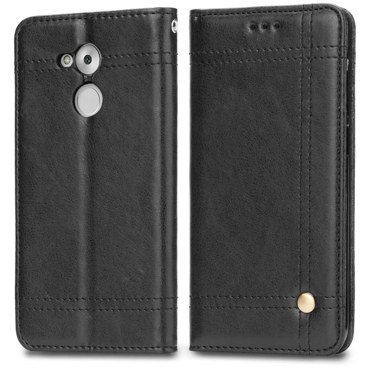 Vintage Leather Stitching Stand Wallet Phone Case with Magnetic Adsorption for Huawei Honor 6C Pro/V9 Play - Black