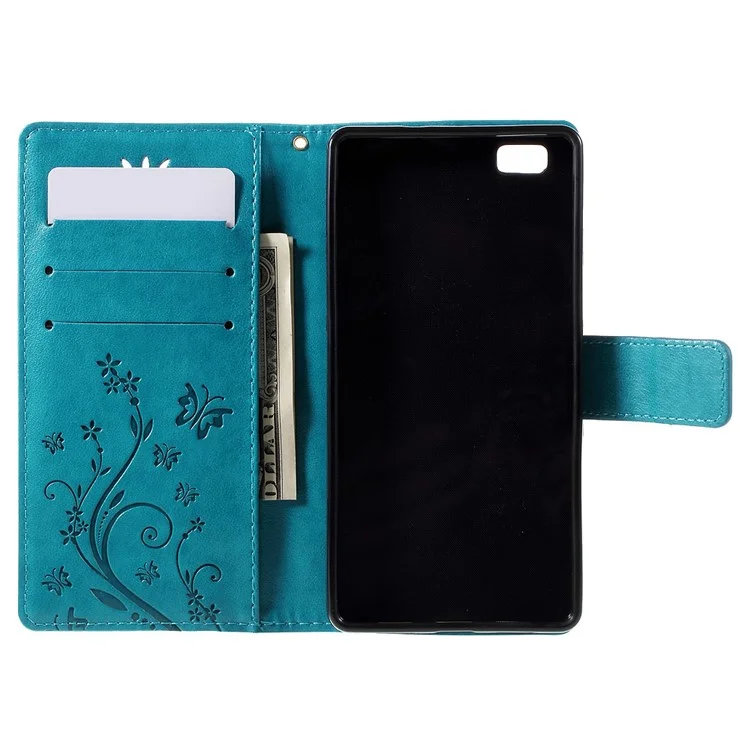 Butterfly Pattern Wallet Leather Case Cover for Huawei Ascend P8 Lite - Blue