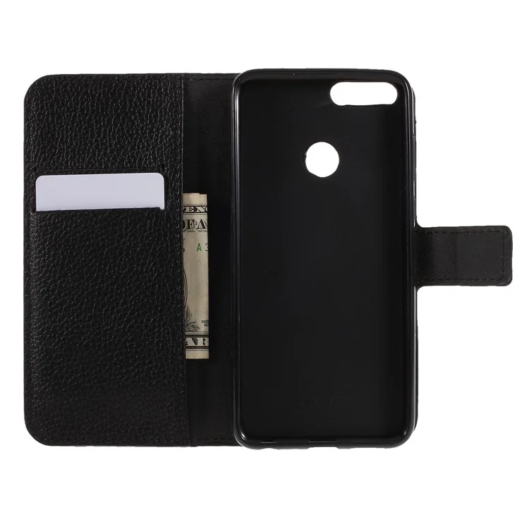 Litchi Skin Leather Wallet Case for Huawei P Smart / Enjoy 7S - Black