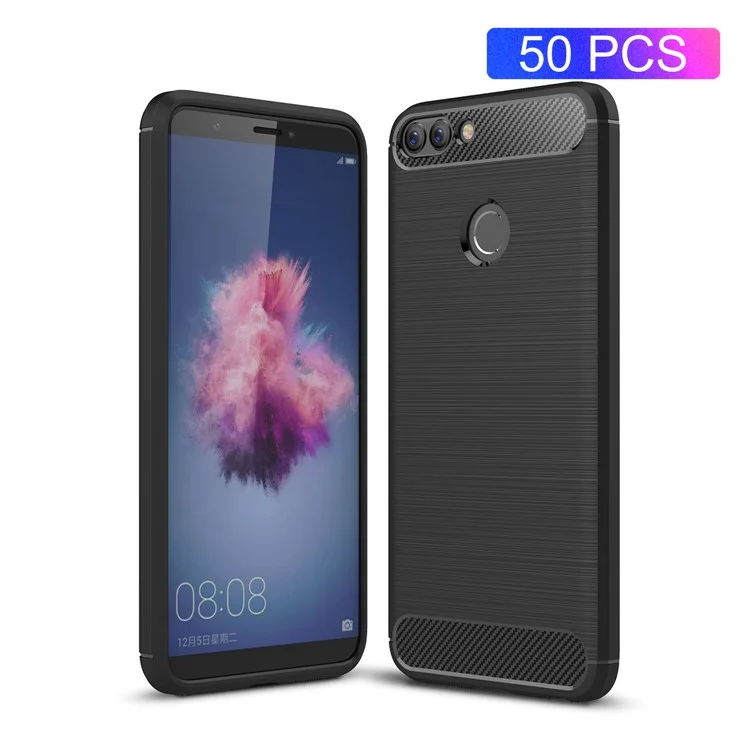 50Pcs/Set Carbon Fiber Texture Brushed TPU Mobile Case for Huawei P Smart / Enjoy 7S - Black