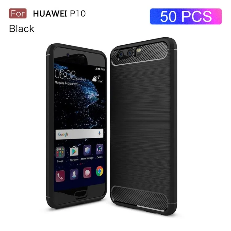 50Pcs/Set Carbon Fiber Texture Brushed TPU Back Phone Case for Huawei P10 - Black
