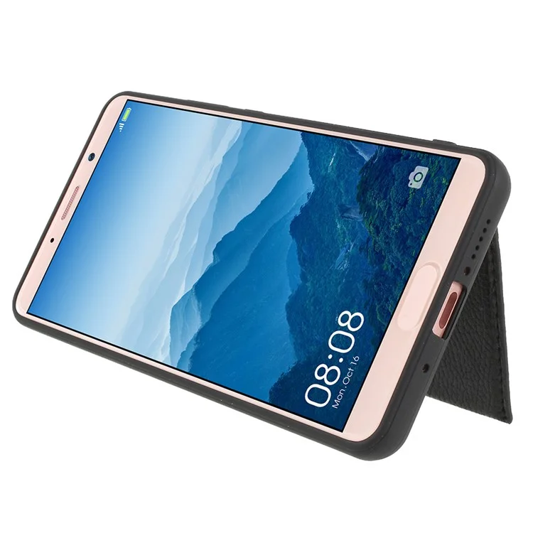 Split Leather Coated TPU Kickstand Card Holder Case for Huawei Mate 10 Pro - Black