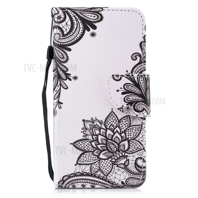 Pattern Printing Wallet Leather Stand Case for Huawei P Smart / Enjoy 7S - Black Flowers