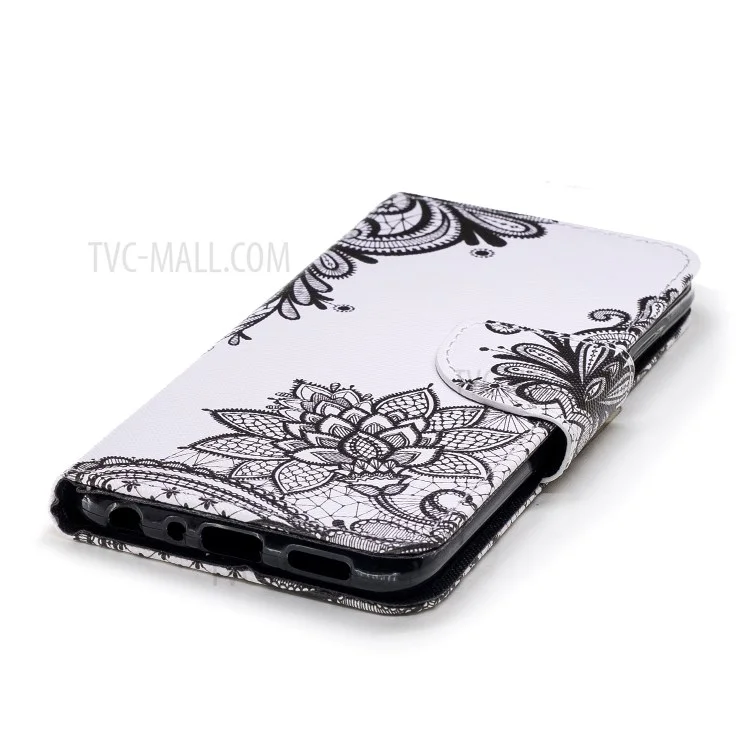 Pattern Printing Wallet Leather Stand Case for Huawei P Smart / Enjoy 7S - Black Flowers