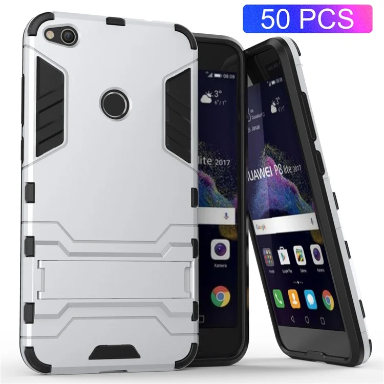 50PCS/Lot Plastic + TPU Hybrid Case with Kickstand for Huawei P8 Lite (2017) / Honor 8 Lite - Silver