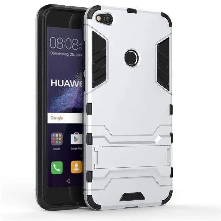 50PCS/Lot Plastic + TPU Hybrid Case with Kickstand for Huawei P8 Lite (2017) / Honor 8 Lite - Silver