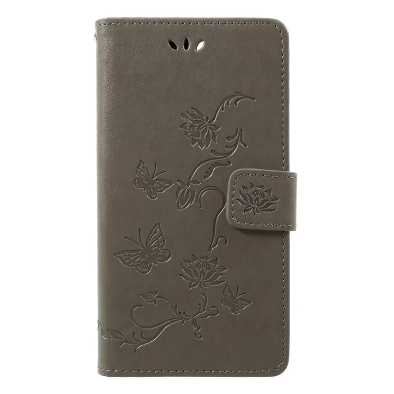 Imprint Butterfly Flower portemonnee stand lederen hoes voor Huawei P Smart / Enjoy 7S - Grijs
