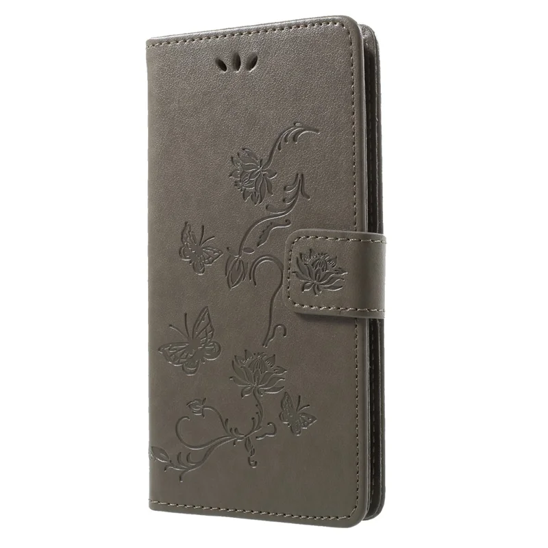 Imprint Butterfly Flower portemonnee stand lederen hoes voor Huawei P Smart / Enjoy 7S - Grijs