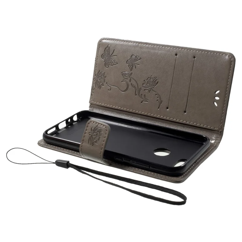Imprint Butterfly Flower portemonnee stand lederen hoes voor Huawei P Smart / Enjoy 7S - Grijs
