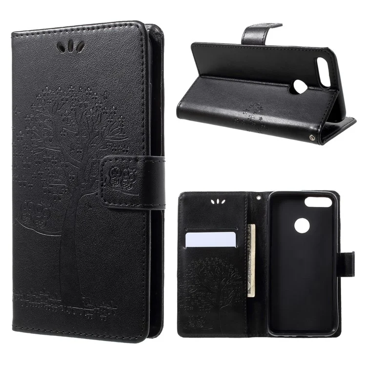 Imprint Tree Owl Pattern Wallet Leather Case for Huawei Honor 9 Lite / Honor 9 Youth Edition - Black