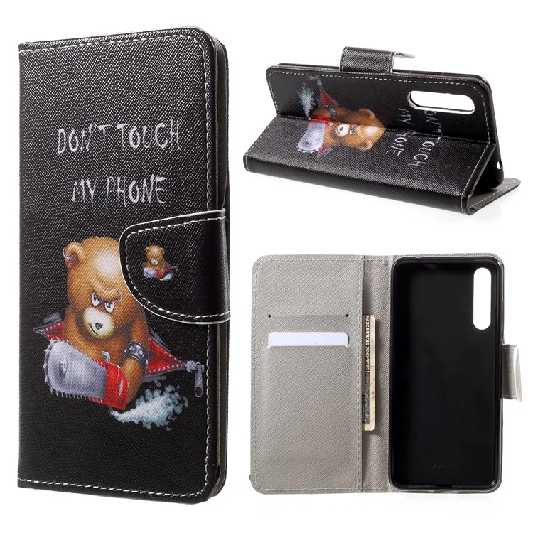 Pattern Printing Leather Wallet Case for Huawei P20 - Brown Bear and Warning Words